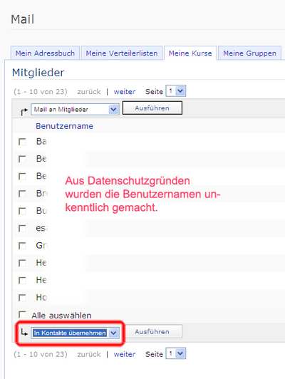 Screenshot: Kontakte in Adressbuch übernehmen